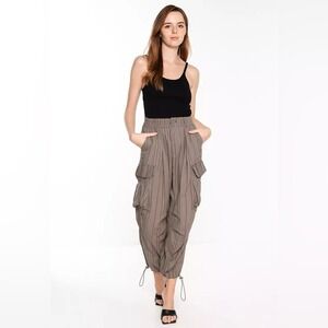 Zara Cargo Sheer Brown Trousers Eyelet Striped Drawstring XS Lagenlook Boho